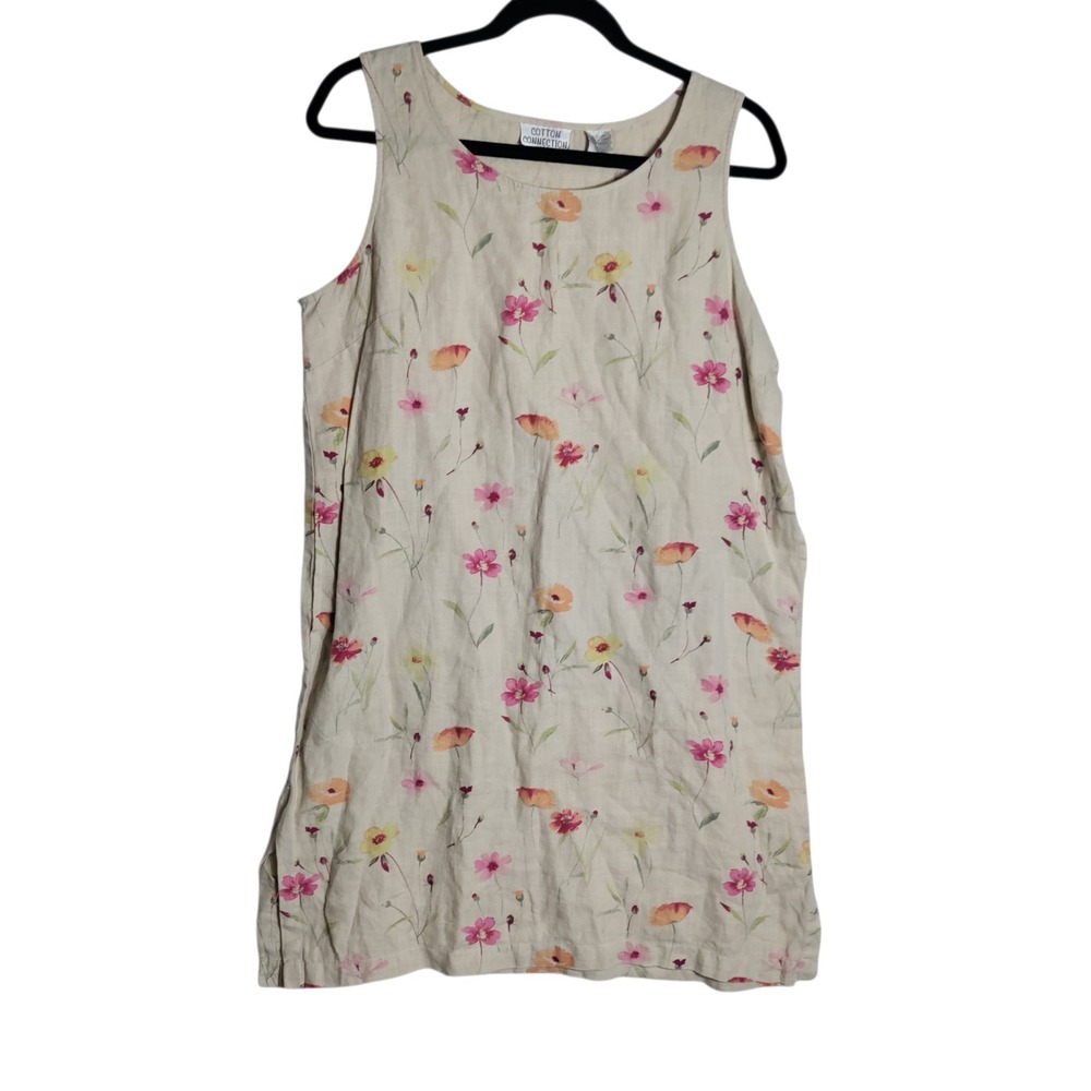 Cotton Connection Linen Floral Shift Dress Beige Pink Wildflower Womens Medium